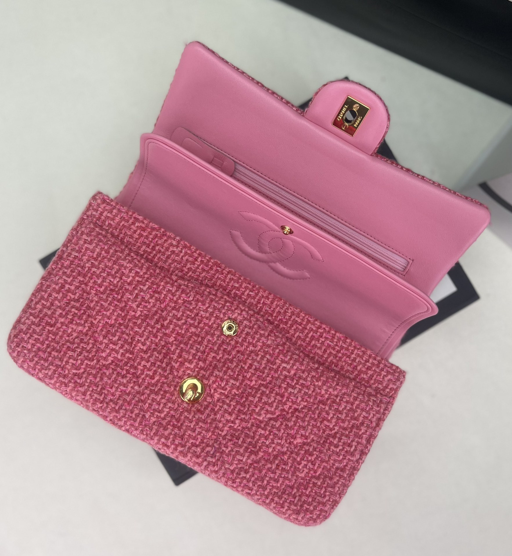 Ch*el classic 11.12 handbag tweed & gold-tone metal 6 × 9.9 × 2.5 in