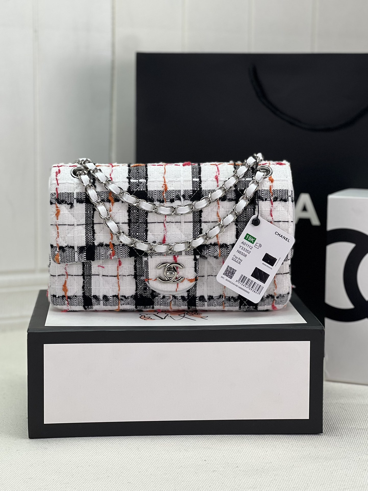 Ch*el classic 11.12 handbag tweed & silver-tone metal 6 × 9.9 × 2.5 in
