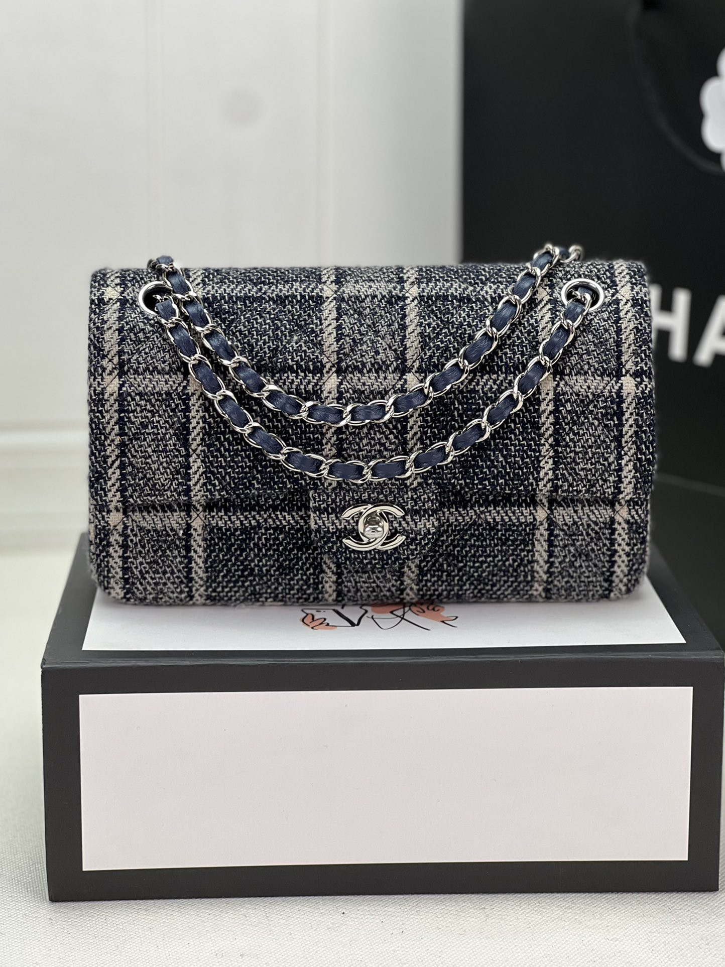 Ch*el classic 11.12 handbag tweed & silver-tone metal 6 × 9.9 × 2.5 in
