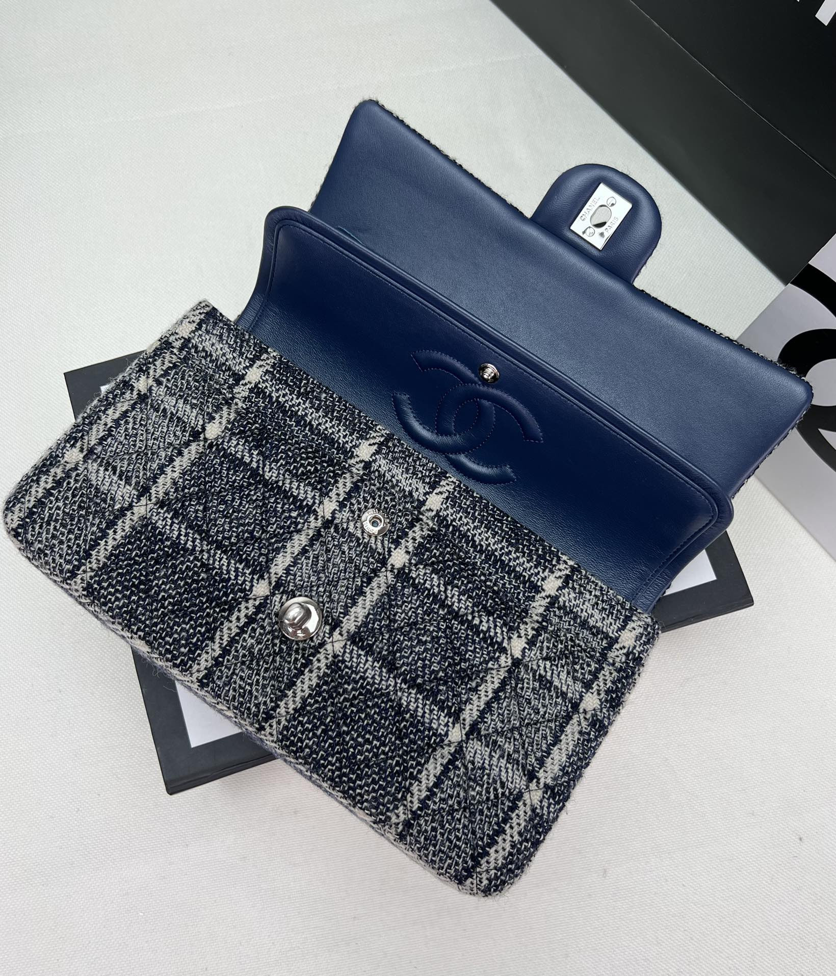 Ch*el classic 11.12 handbag tweed & silver-tone metal 6 × 9.9 × 2.5 in