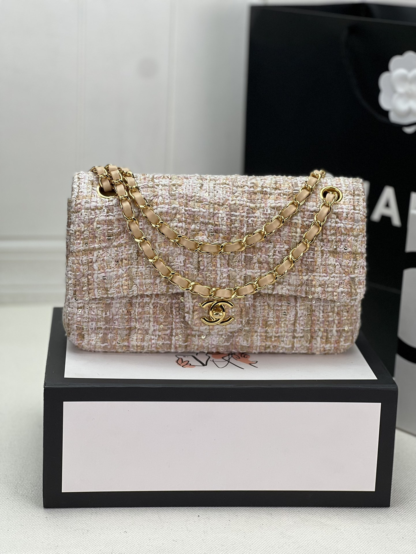 Ch*el classic 11.12 handbag tweed & gold-tone metal 6 × 9.9 × 2.5 in