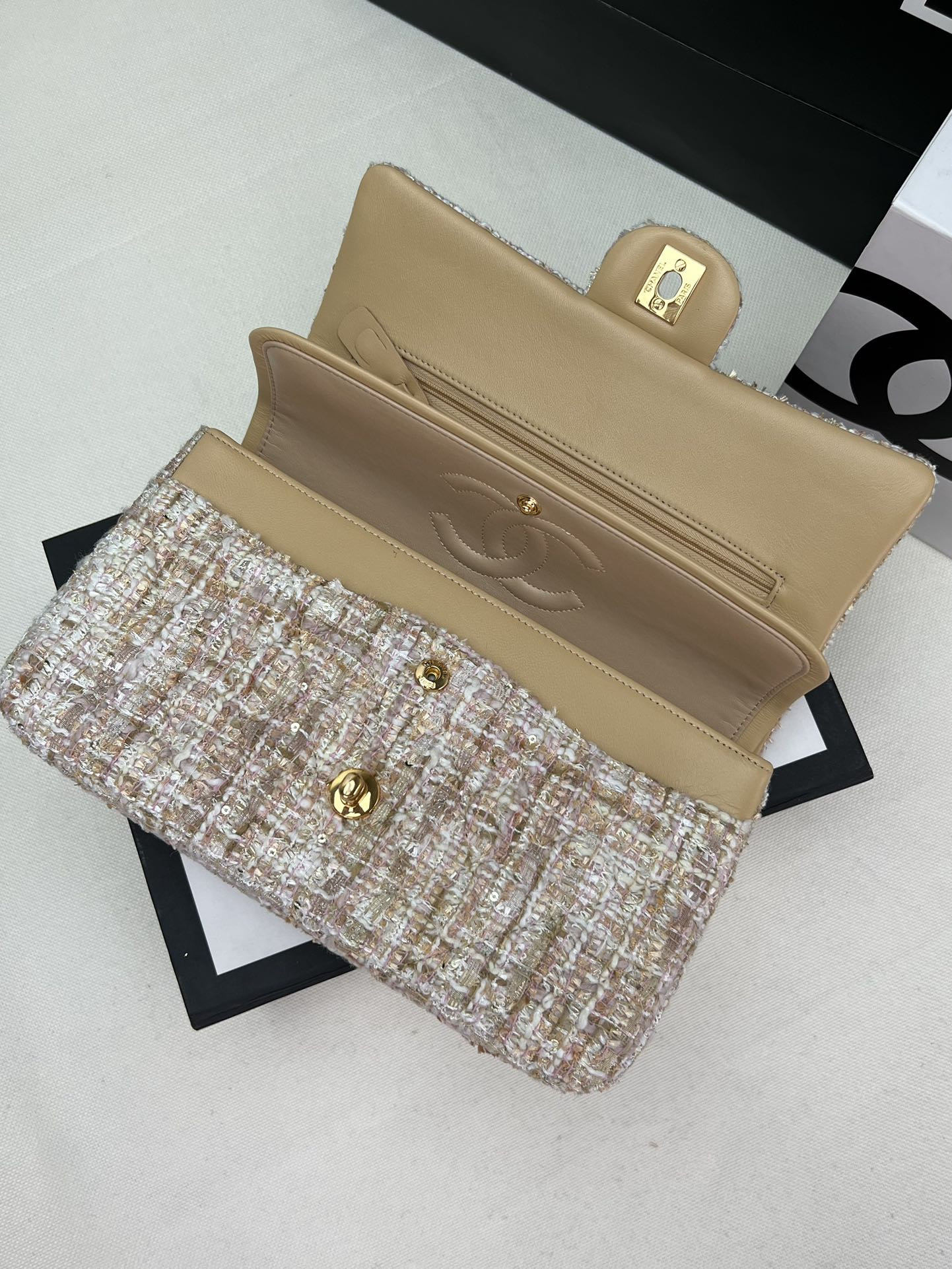 Ch*el classic 11.12 handbag tweed & gold-tone metal 6 × 9.9 × 2.5 in