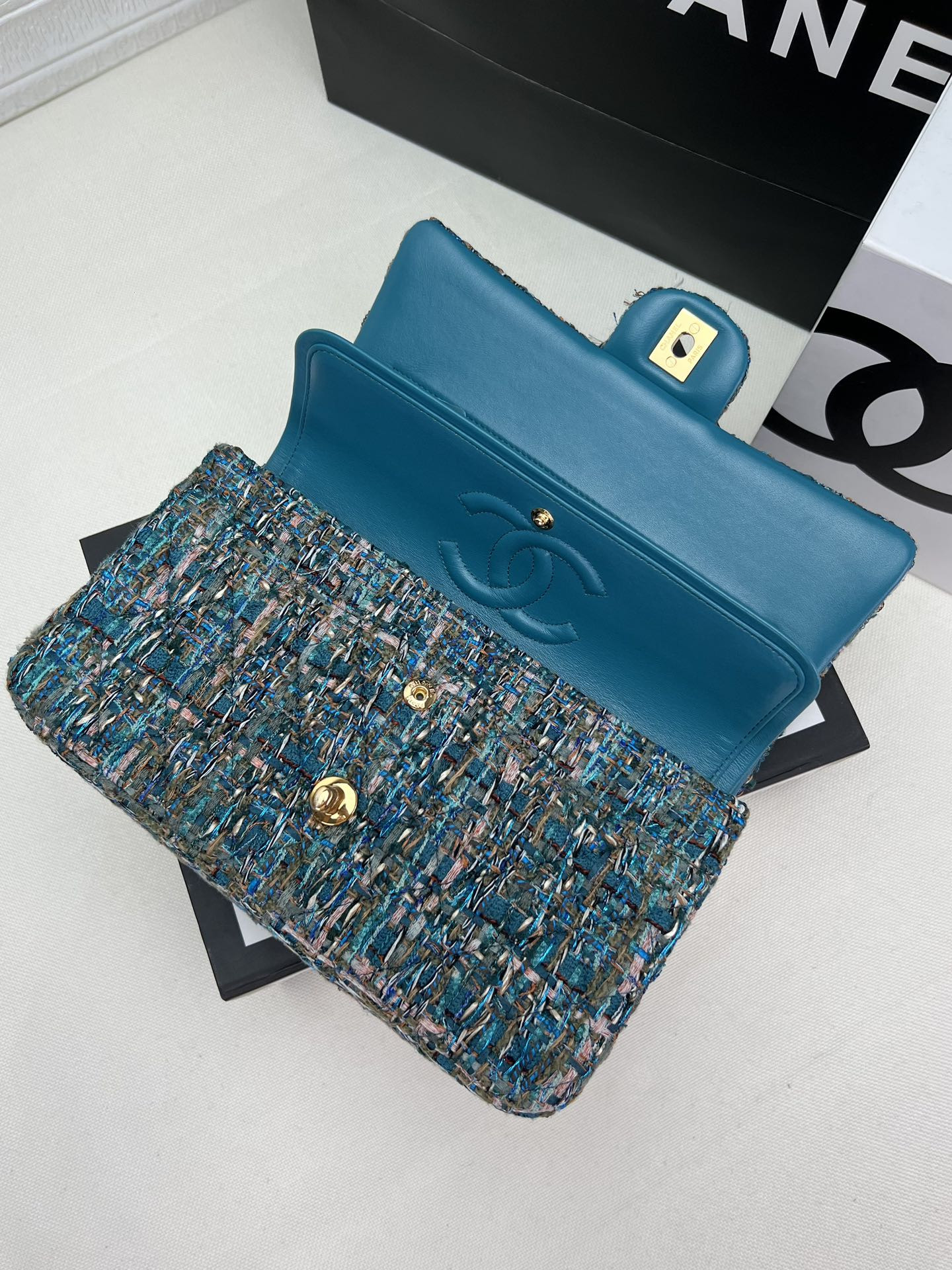 Ch*el classic 11.12 handbag tweed & gold-tone metal 6 × 9.9 × 2.5 in