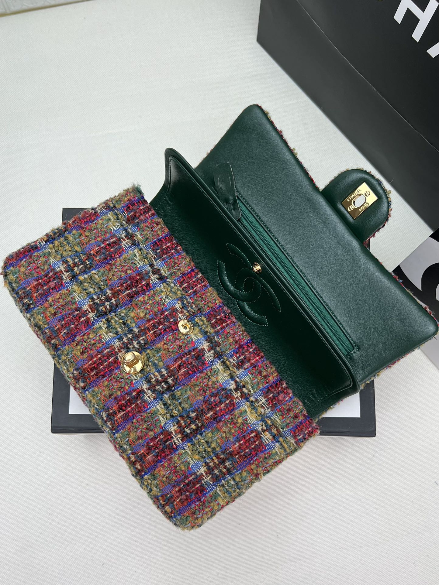 Ch*el classic 11.12 handbag tweed & gold-tone metal 6 × 9.9 × 2.5 in