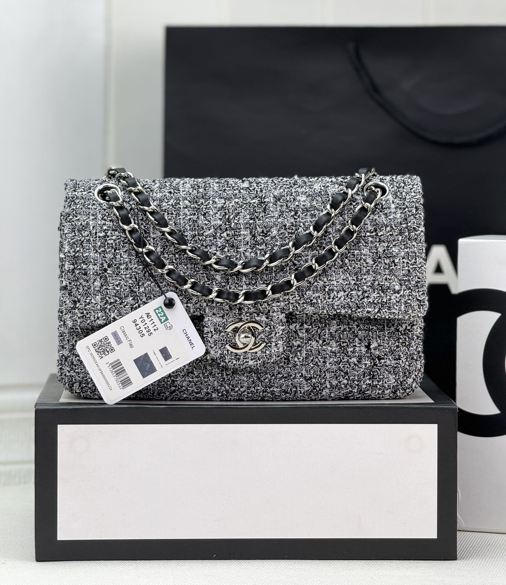 Ch*el classic 11.12 handbag tweed & silver-tone metal 6 × 9.9 × 2.5 in