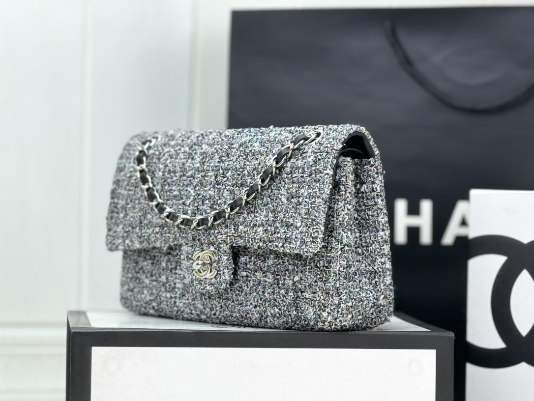 Ch*el classic 11.12 handbag tweed & silver-tone metal 6 × 9.9 × 2.5 in