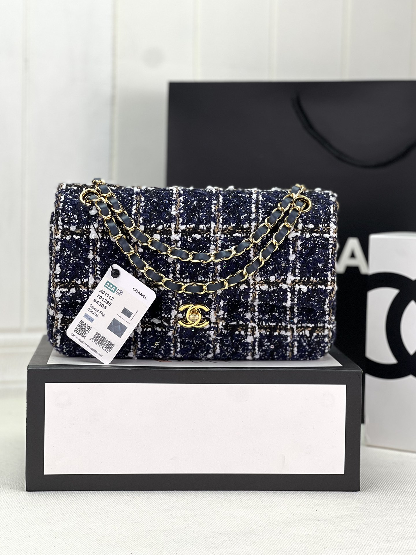 Ch*el classic 11.12 handbag tweed & gold-tone metal 6 × 9.9 × 2.5 in