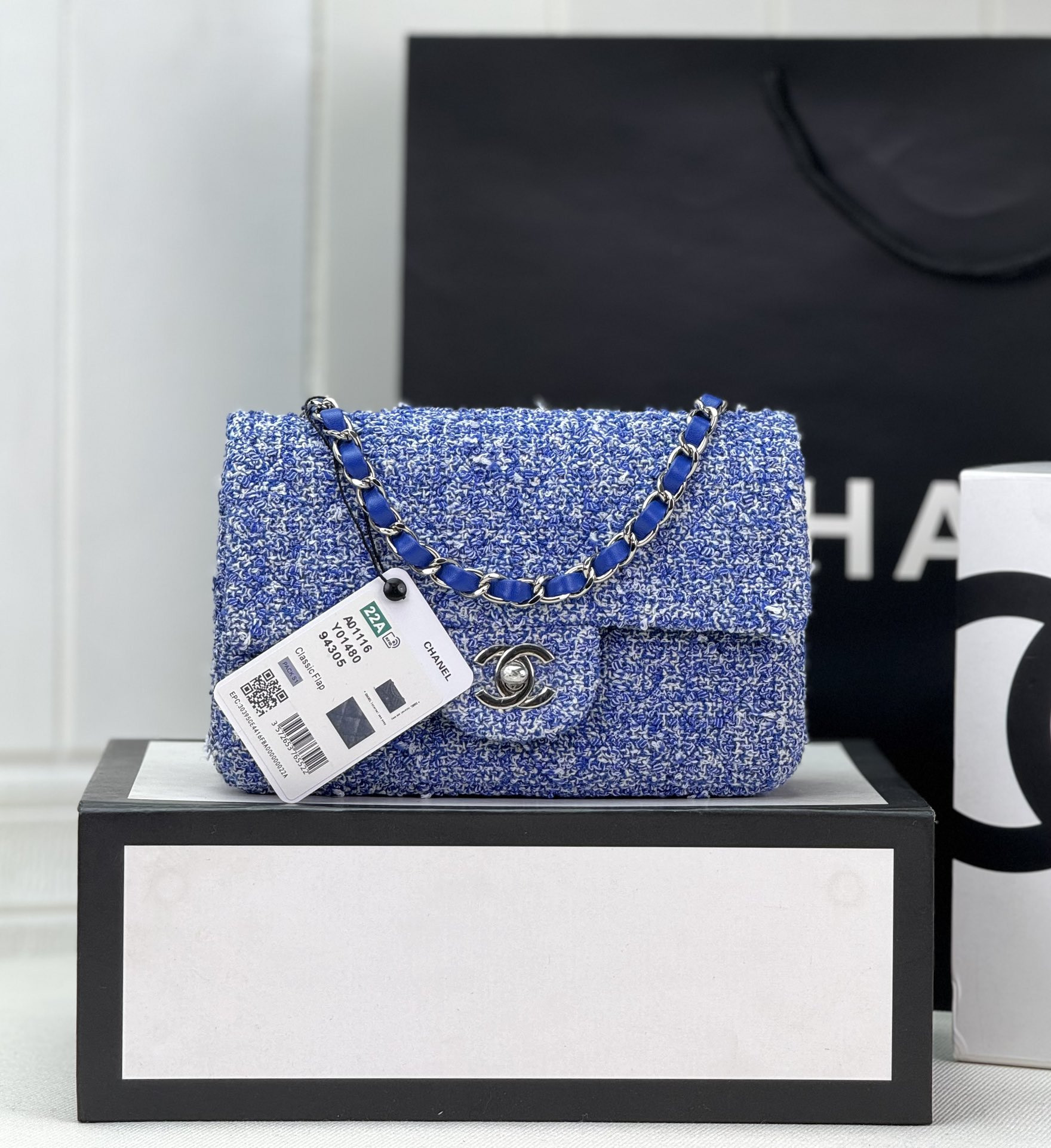 Ch*el mini classic 11.12 handbag tweed & silver-tone metal 4.7 × 7.8 × 2.3 in