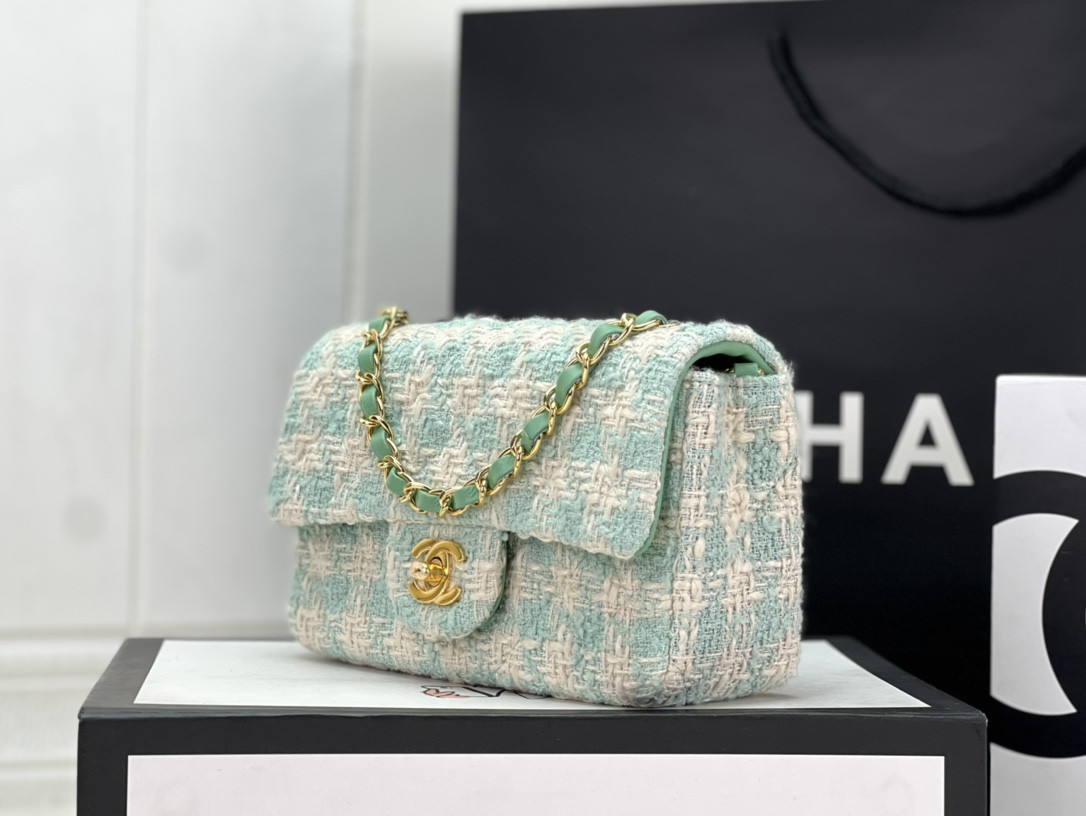 Ch*el mini classic 11.12 handbag tweed & gold-tone metal 4.7 × 7.8 × 2.3 in