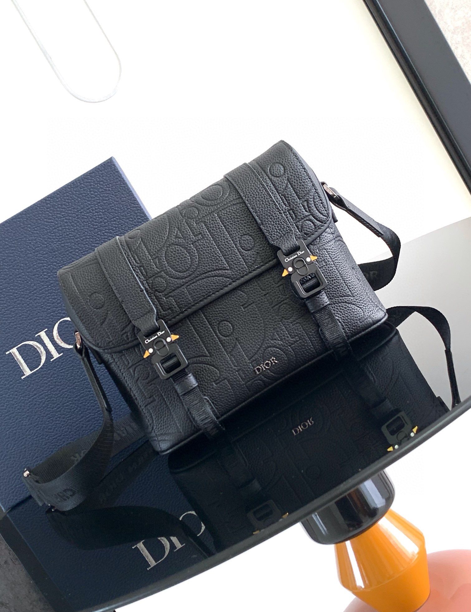 D*or hit the road messenger bag with flap black D*or gravity leather and black grained calfskin 24 x 18 x 8 cm