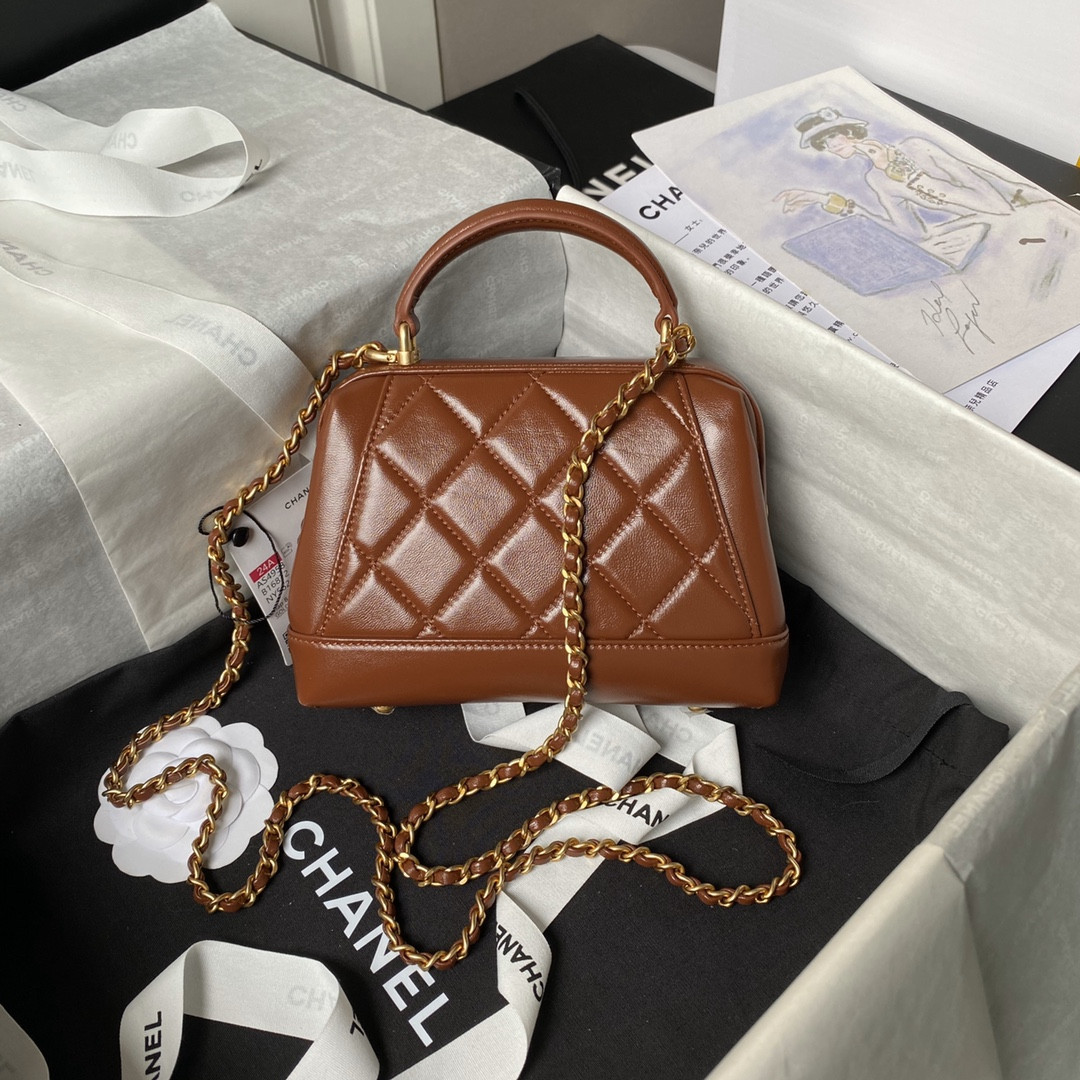 Ch*el mini bag with top handle shiny lambskin & gold-tone metal brown 12 × 18 × 7 cm