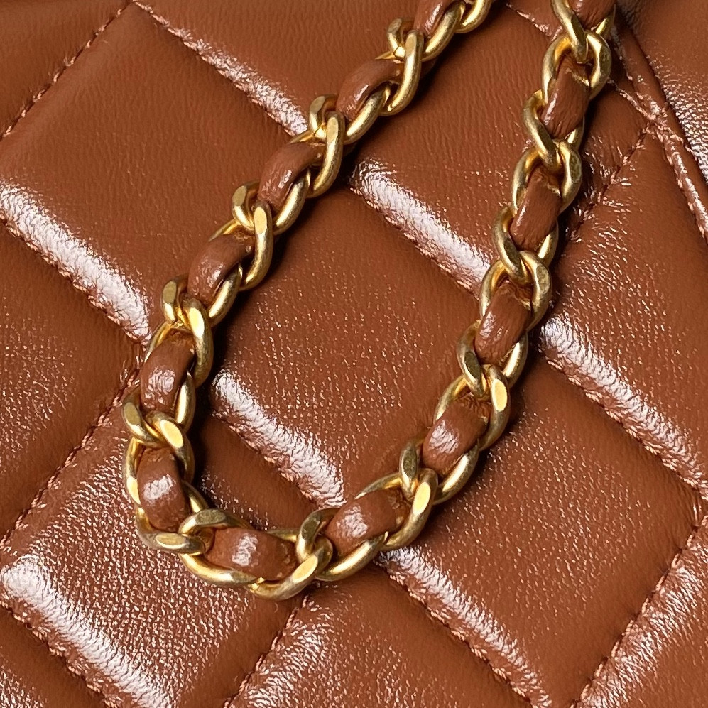 Ch*el mini bag with top handle shiny lambskin & gold-tone metal brown 12 × 18 × 7 cm