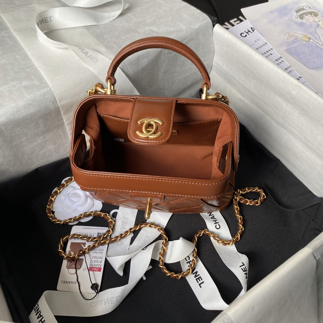 Ch*el mini bag with top handle shiny lambskin & gold-tone metal brown 12 × 18 × 7 cm