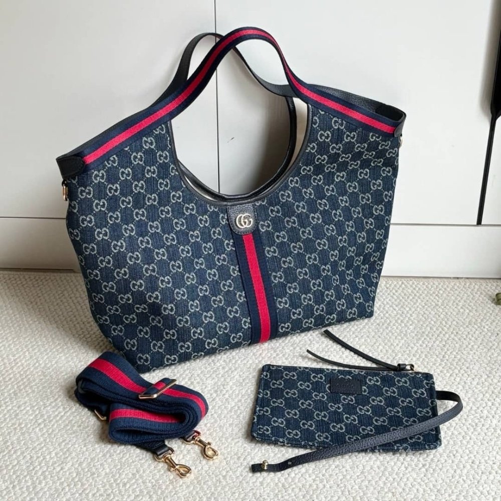 Gvc*1 Giglio Large Tote Bag Blue And White Gg Denim 60Cm 853971 Faffq 8864