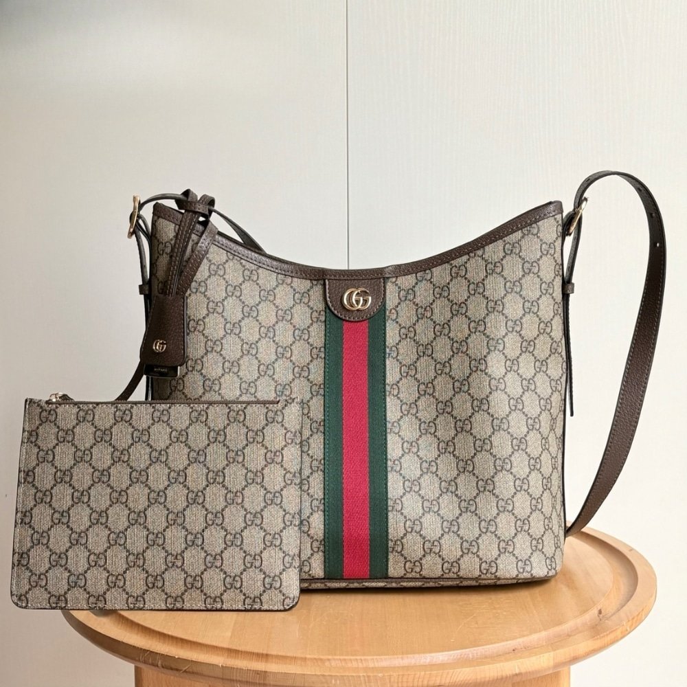Gvc*1 Ophidia Large Shoulder Bag Beige And Dark Brown 33Cm 836871 Fae0K 9853