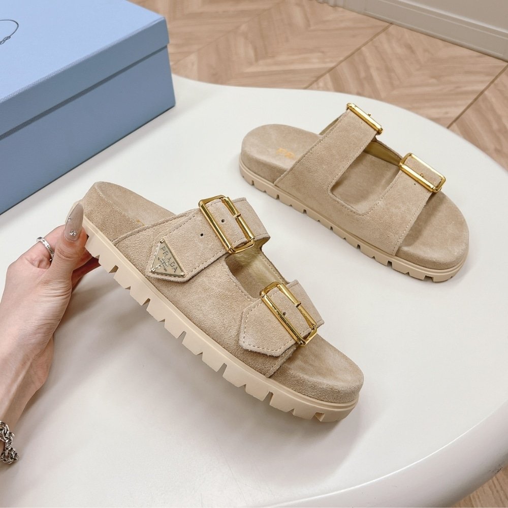 Pra*a Suede Strap Slides Ecru 1Xx692 054 F0379 F 020