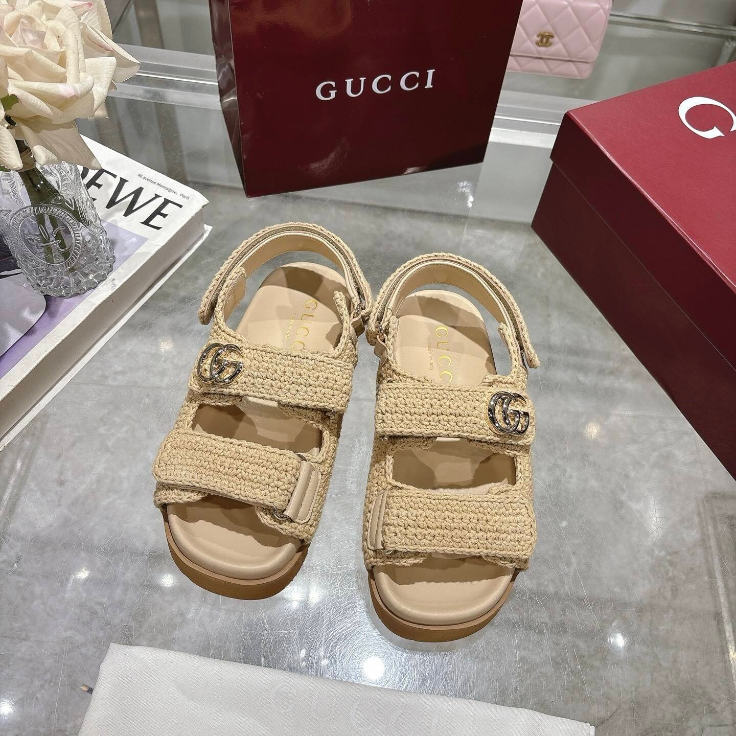 Gvc*1 Women Sandal With Double G Beige Crochet 835086 Faeq2 9552