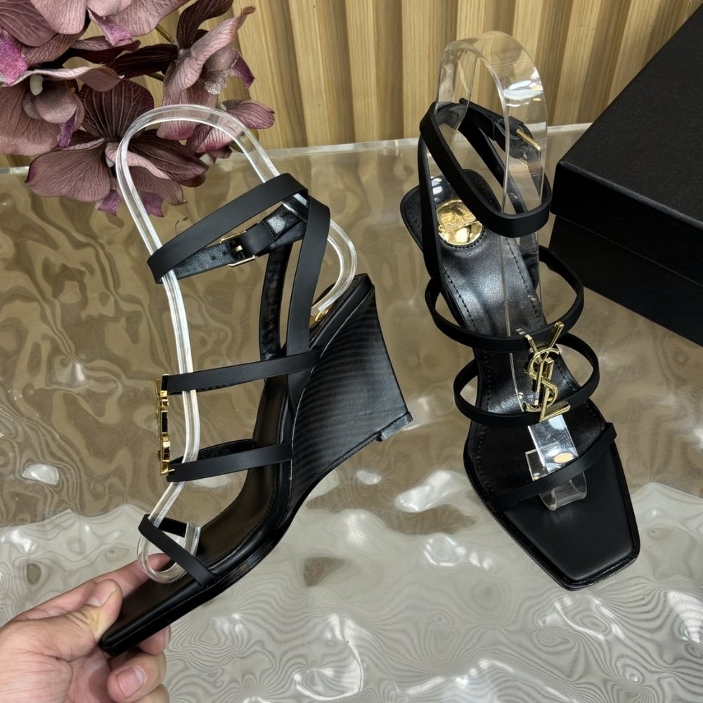 Sa1nt Lau*nt Cassandra Wedges In Smooth Leather Black 821090Dwedd1000