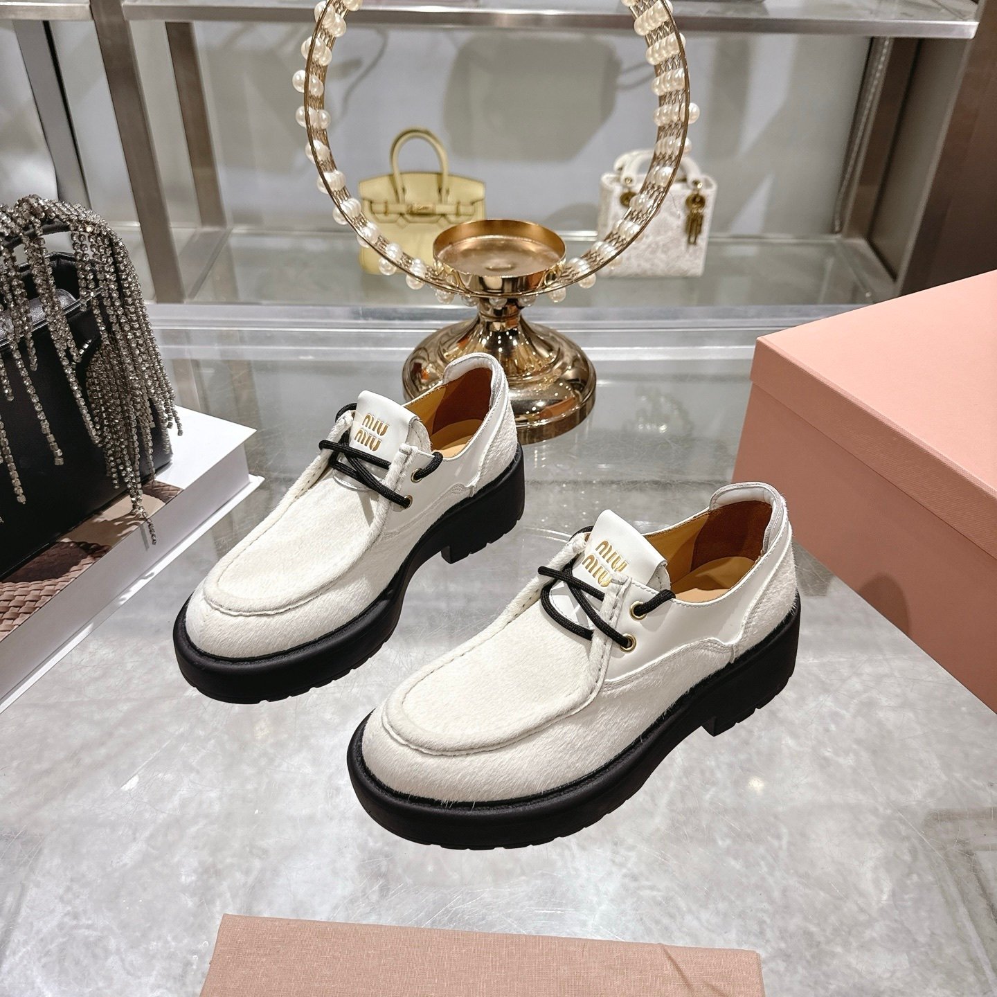 M1um1u Leather And Calf Hair Leather Laced Shoes Ivory 5E964D 2Hio F0304 F D055