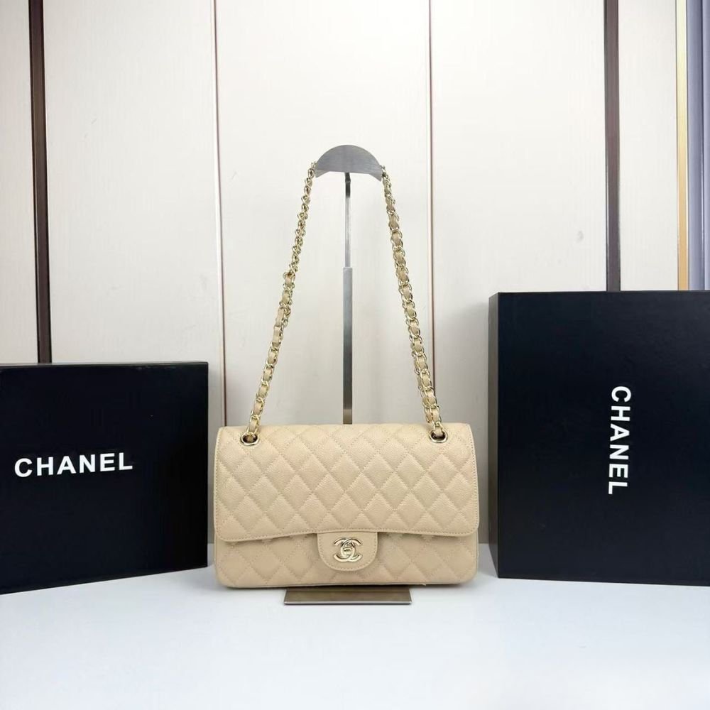 Ch**el Medium Classic Double Flap Bag Beige 25Cm A01113 Y04059 NZG77