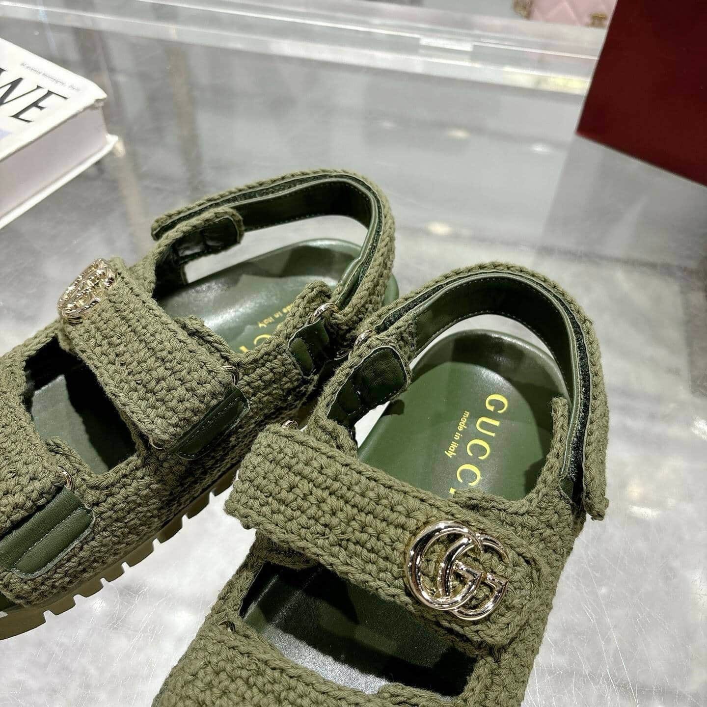 Gvc*1 Women Sandal With Double G Dark Green Crochet 835086 Faeq2 3037