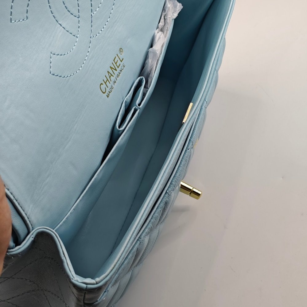 Ch**el Classic 11.12 Handbag Gold Tone Metal Light Blue 30Cm