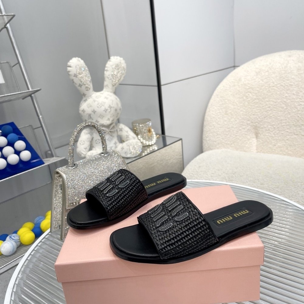 M1um1u Raffia Effect Woven Fabric Slides Black 5Xx644 3Lom F0002 F 005