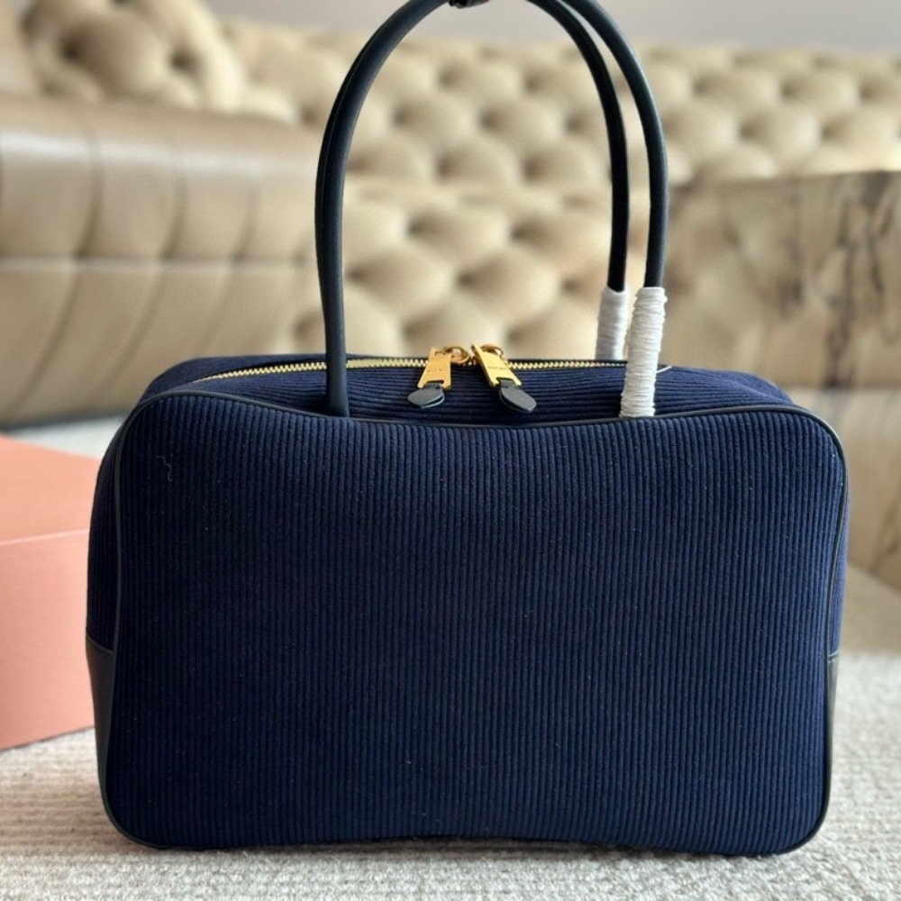 M1um1u Beau Corduroy Top Handle Bag Navy 35Cm 5Bb163 2F81 F0124 V Ooo