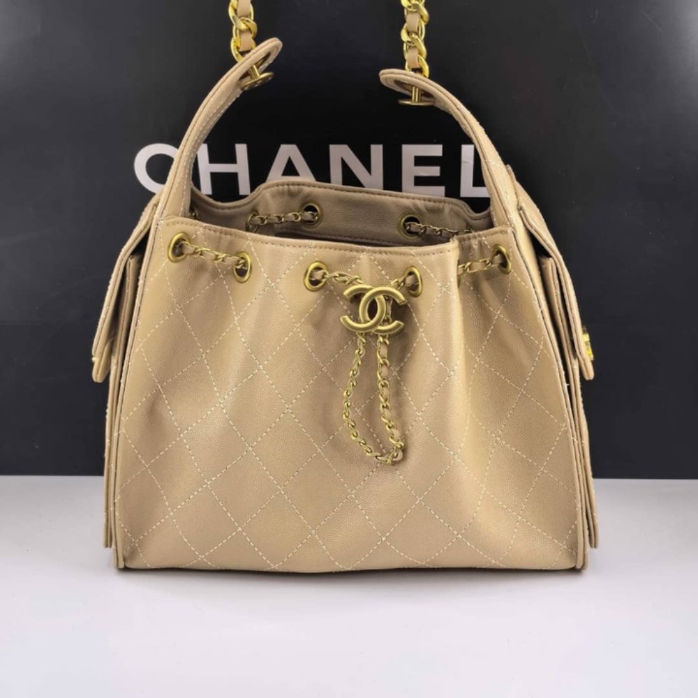 Ch**el 25 Small Handbag Grained And Gold Tone Metal Beige 26Cm