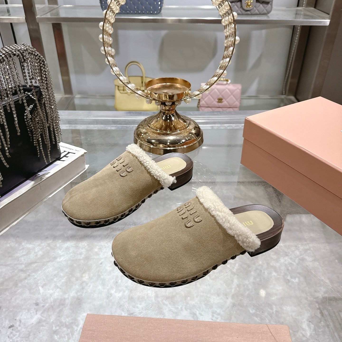 M1um1u Suede Clogs Beige