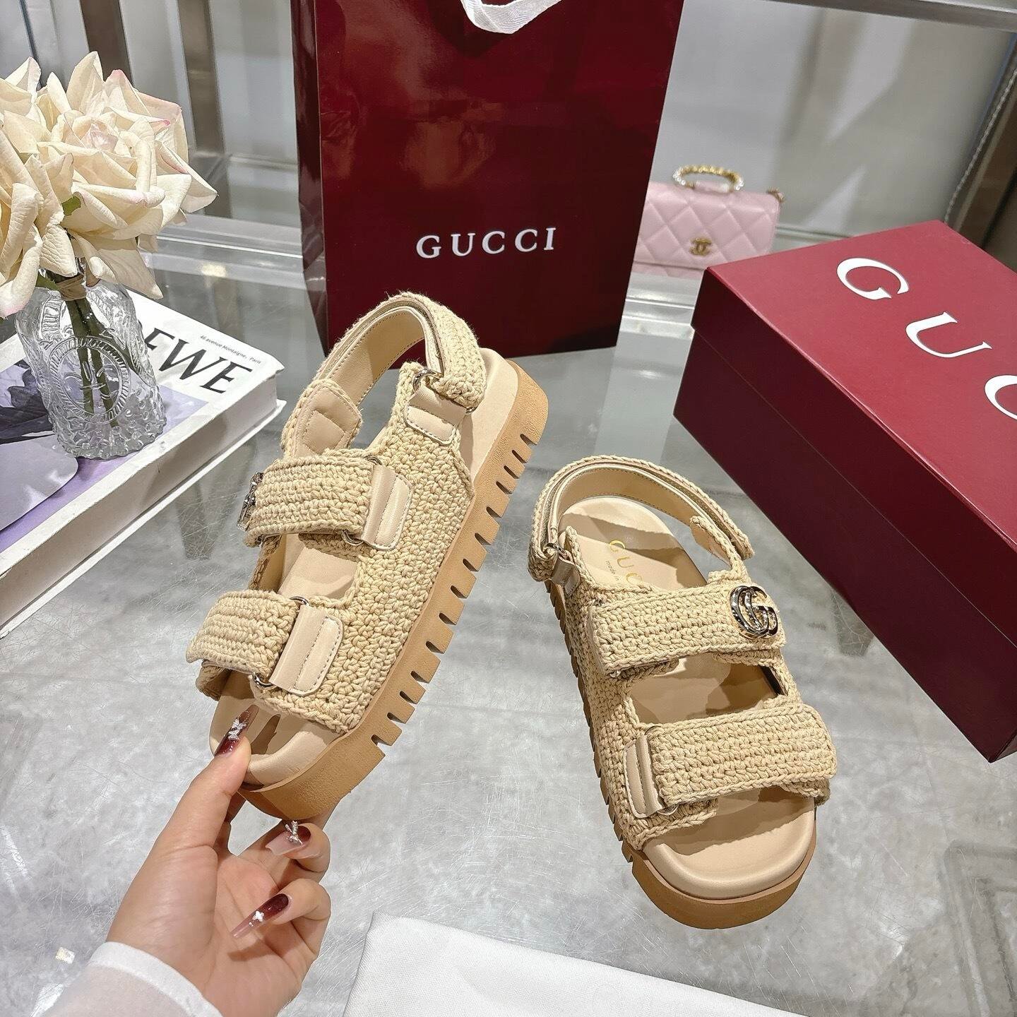Gvc*1 Women Sandal With Double G Beige Crochet 835086 Faeq2 9552