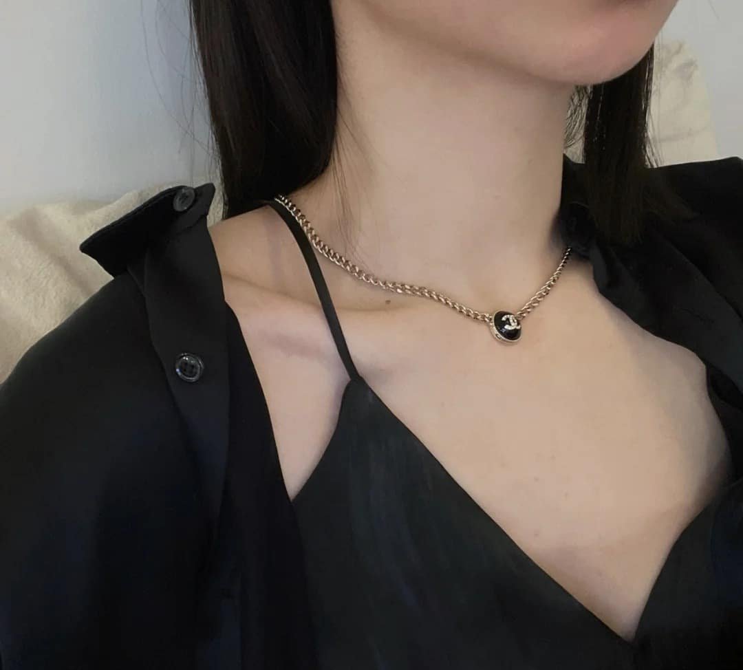 Ch**el Logo Cc Necklace In Gold Metal Black Resin