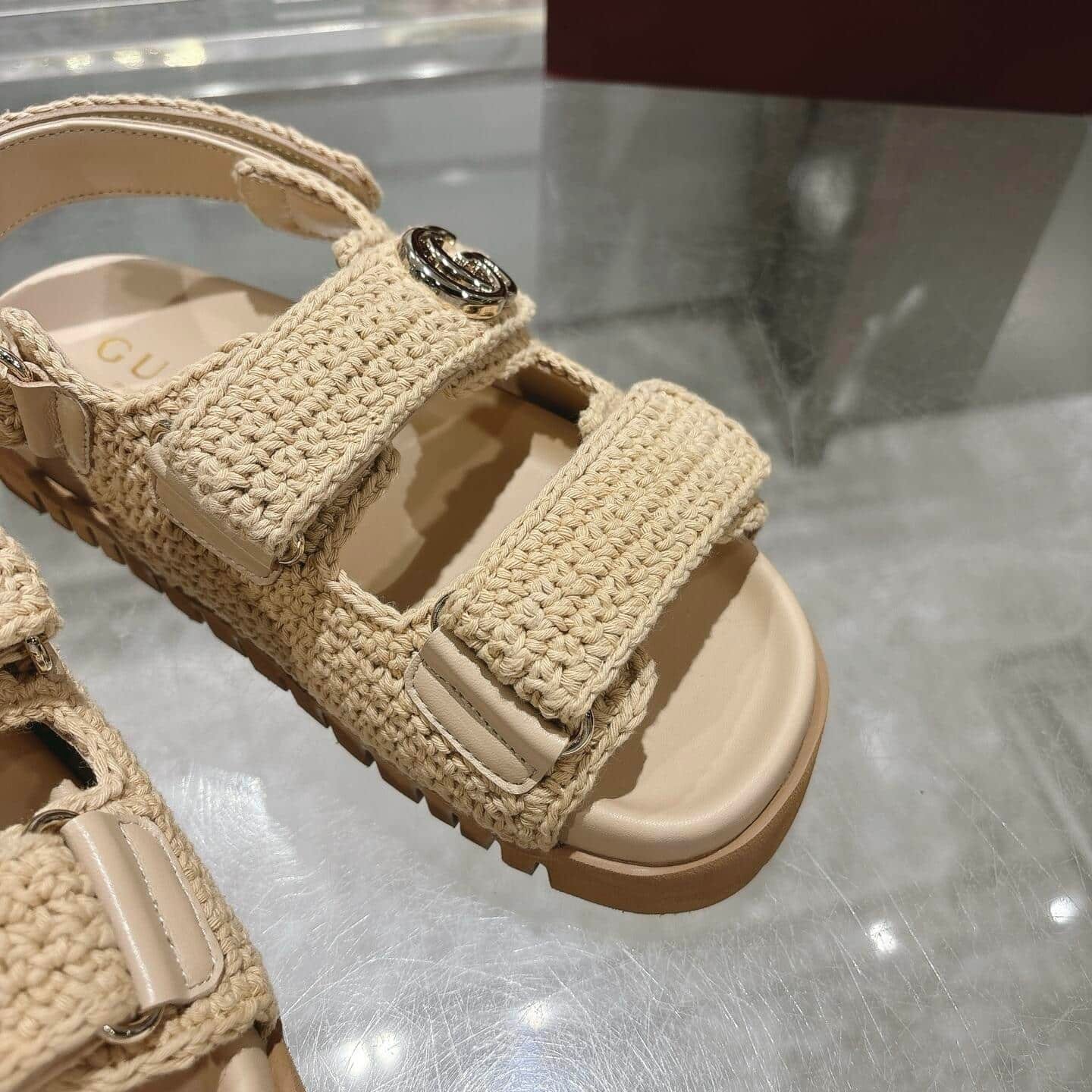 Gvc*1 Women Sandal With Double G Beige Crochet 835086 Faeq2 9552