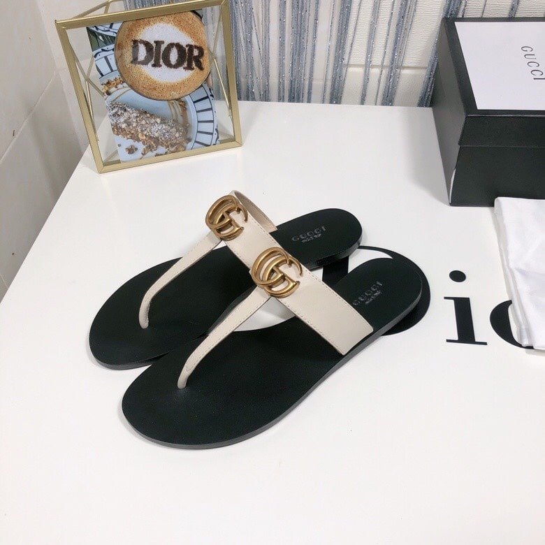 Gvc*1 Thong Sandals With Double G White Leather 497444 A3N00 9022