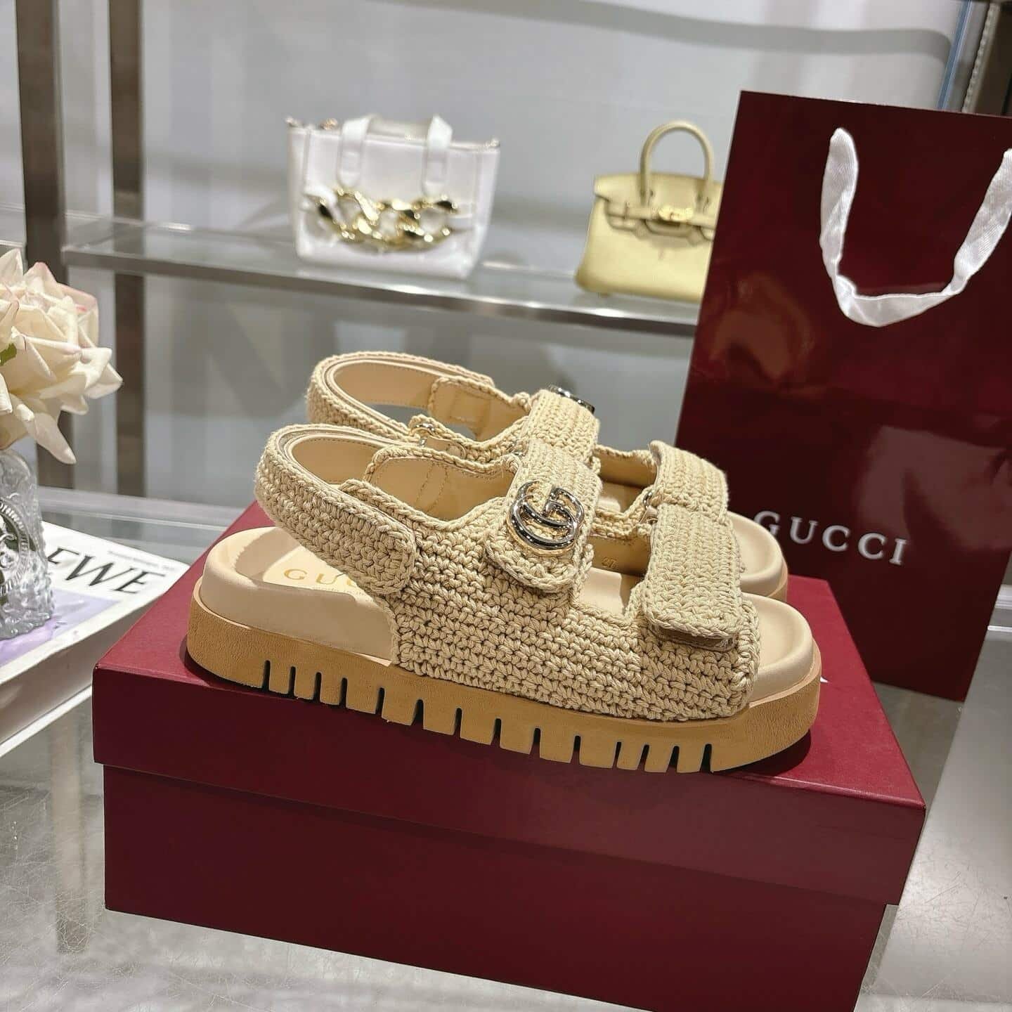Gvc*1 Women Sandal With Double G Beige Crochet 835086 Faeq2 9552