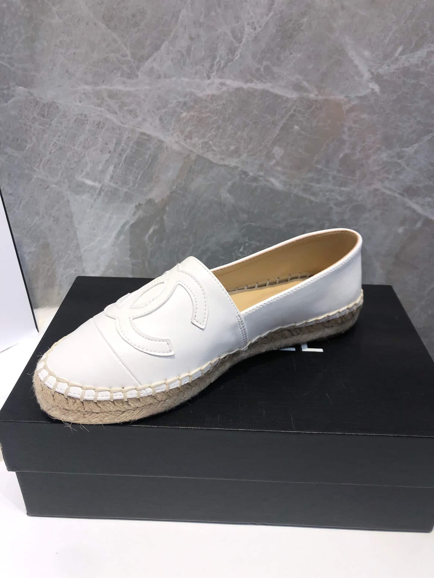 Ch**el Embroidered Espadrille Leather Cap Toe Flats White
