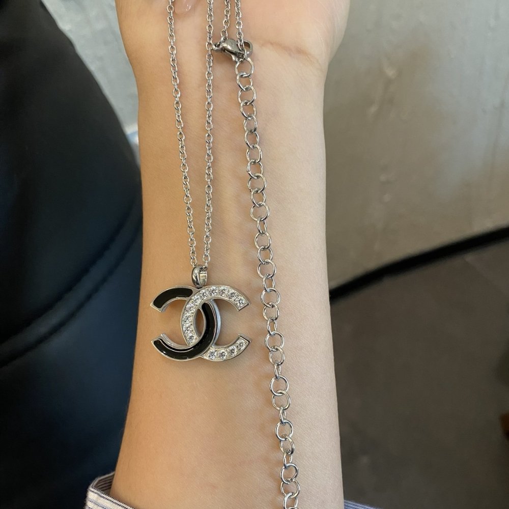 Ch**el Cc Logo Pendant Necklace White Stones And Black Enamel Silver