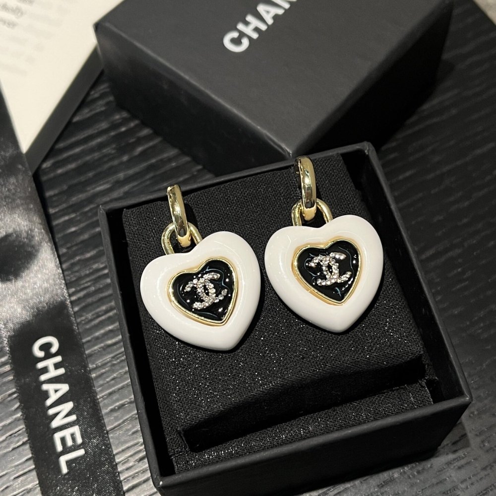 Ch**el Heart Logo Dangle Earrings In White With Gold