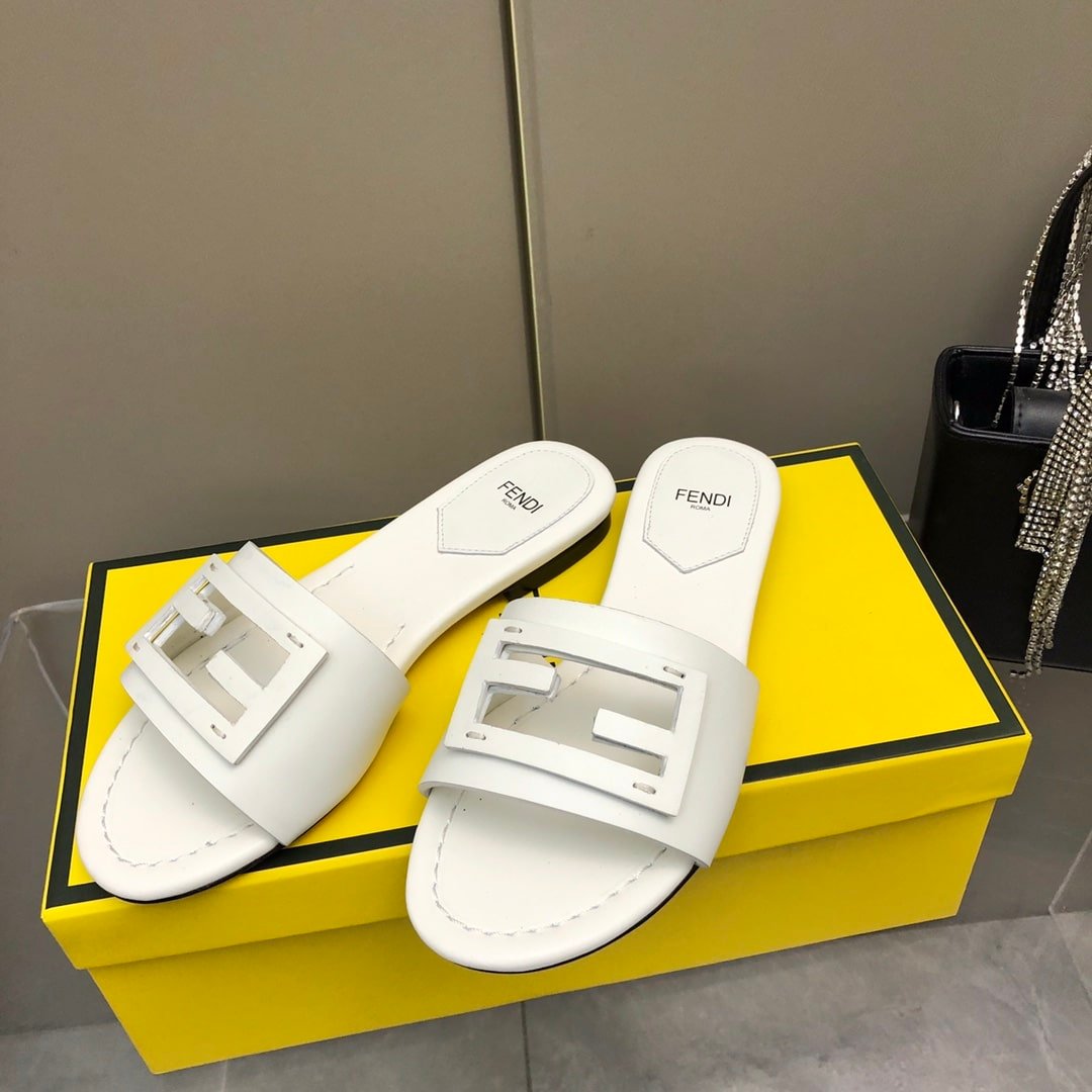 F**di Baguette White Leather Slides