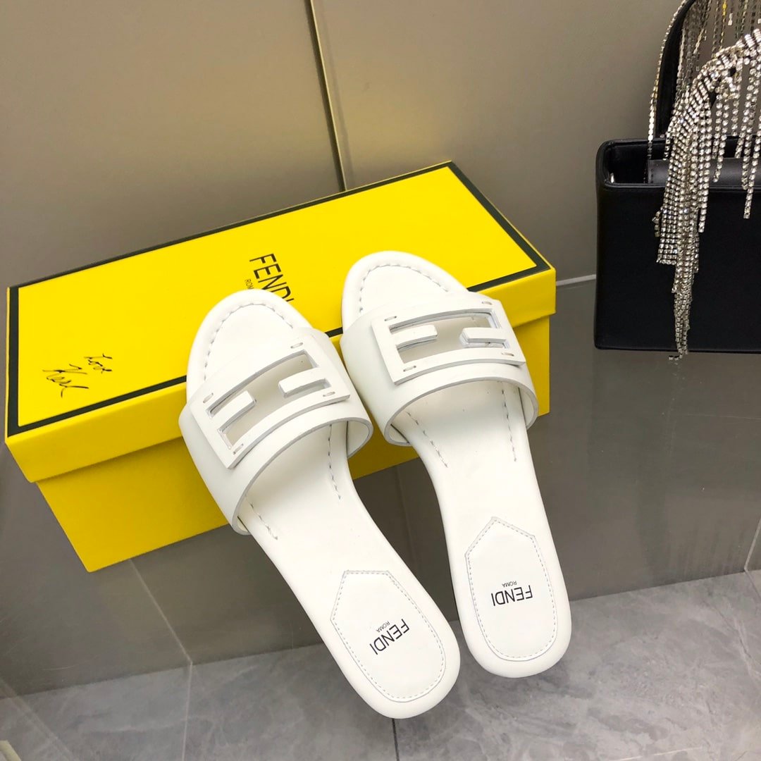 F**di Baguette White Leather Slides