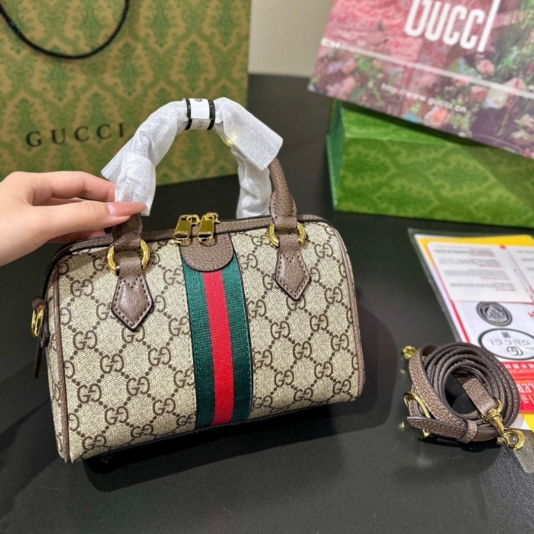 Gvc*1 Ophidia Small Boston Bag GG Monogram Beige And Dark Brown 22Cm 772053 96IWG 8745