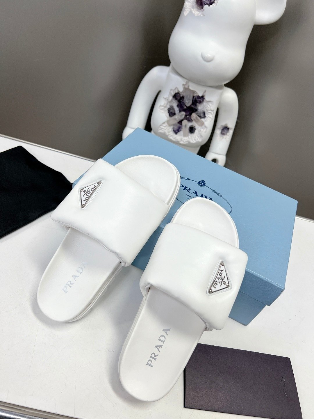 Pra*a Soft Padded Nappa Leather Slides White 1Xx6482Dl8F0009F020