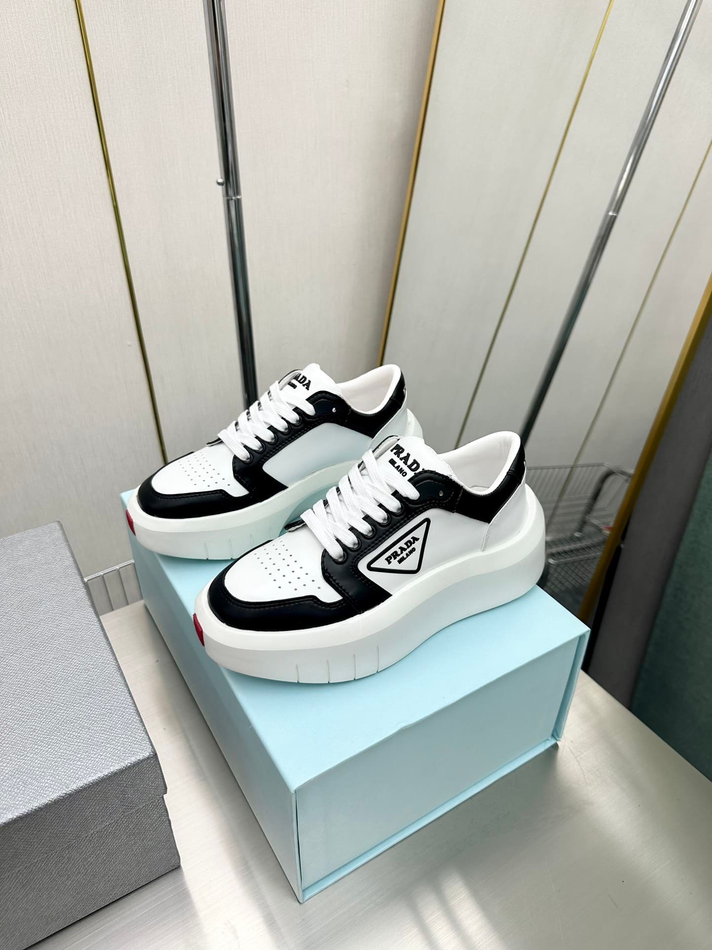 Pra*a Leather Platform Sneaker White And Black