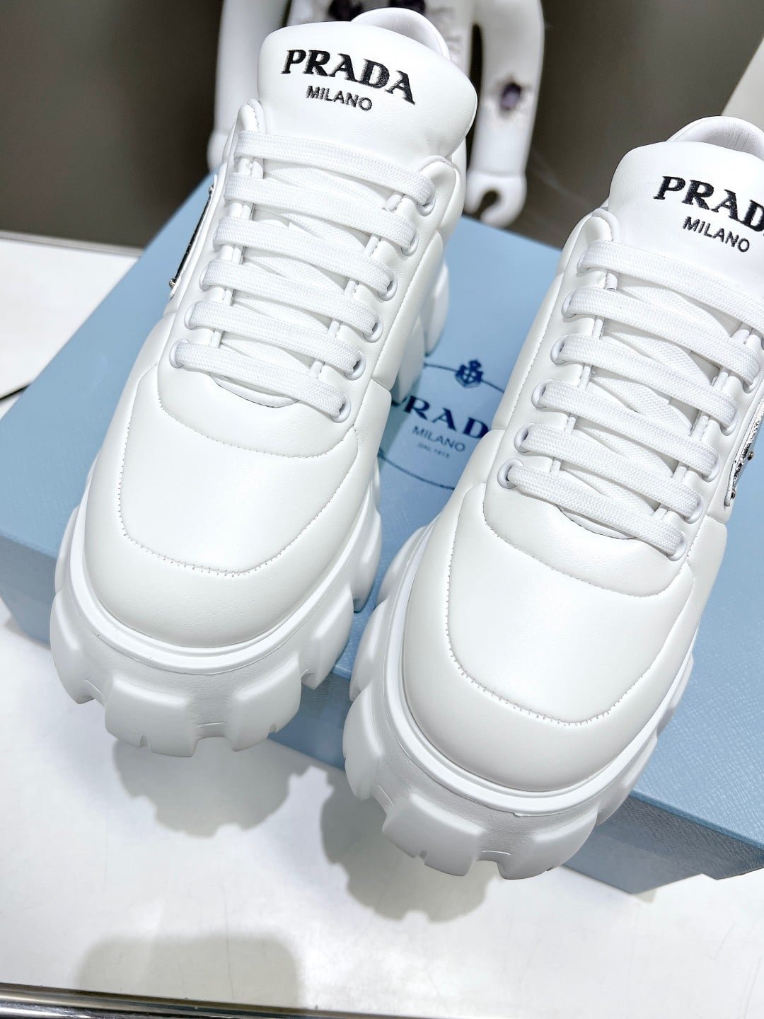 Pra*a Soft Padded Nappa Leather Lace Up Shoes White