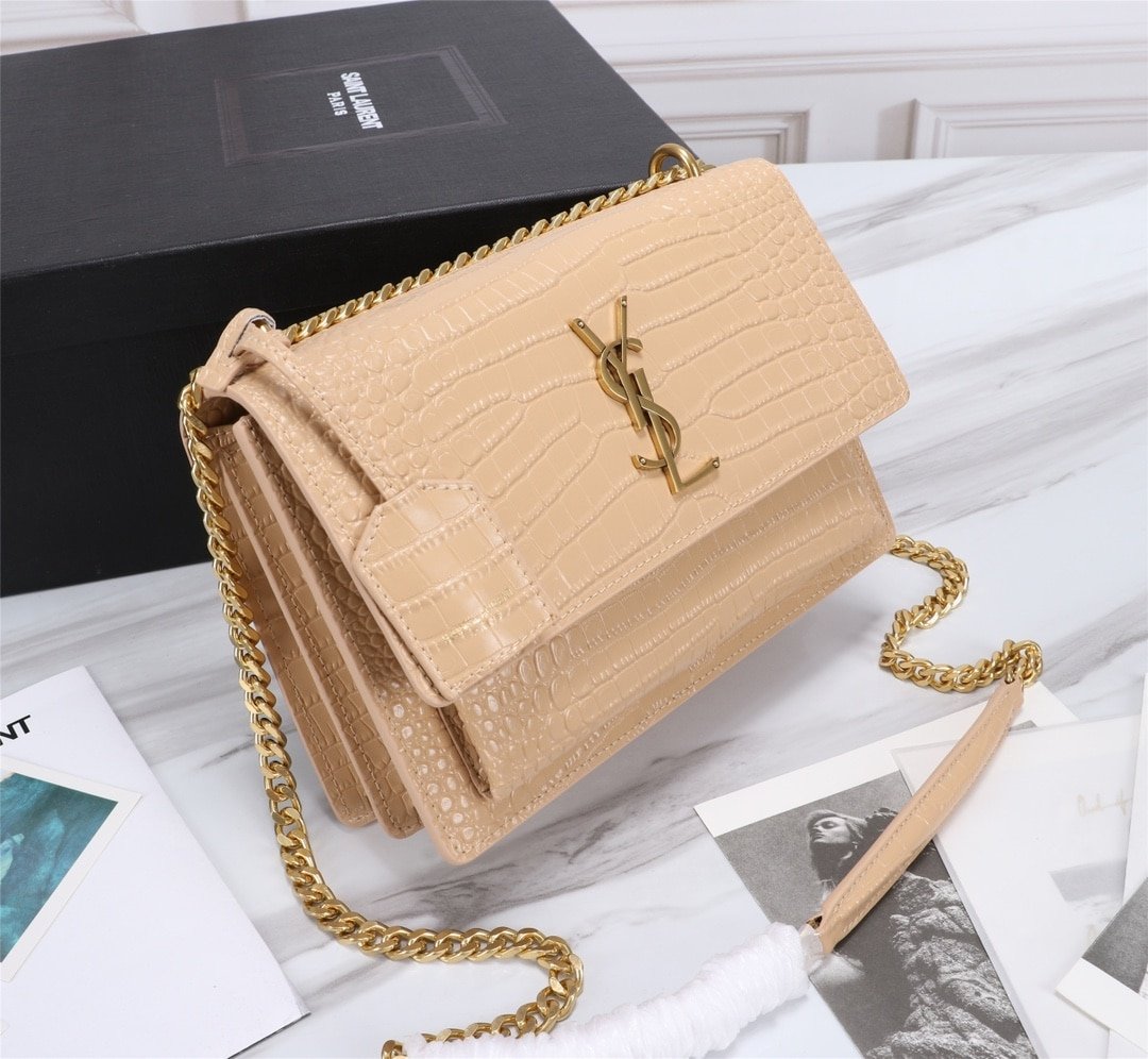 Sa1nt Lau*nt Sunset Medium Chain Bag In Crocodile Embossed Shiny Apricot 22Cm 442906Dnd0N9207