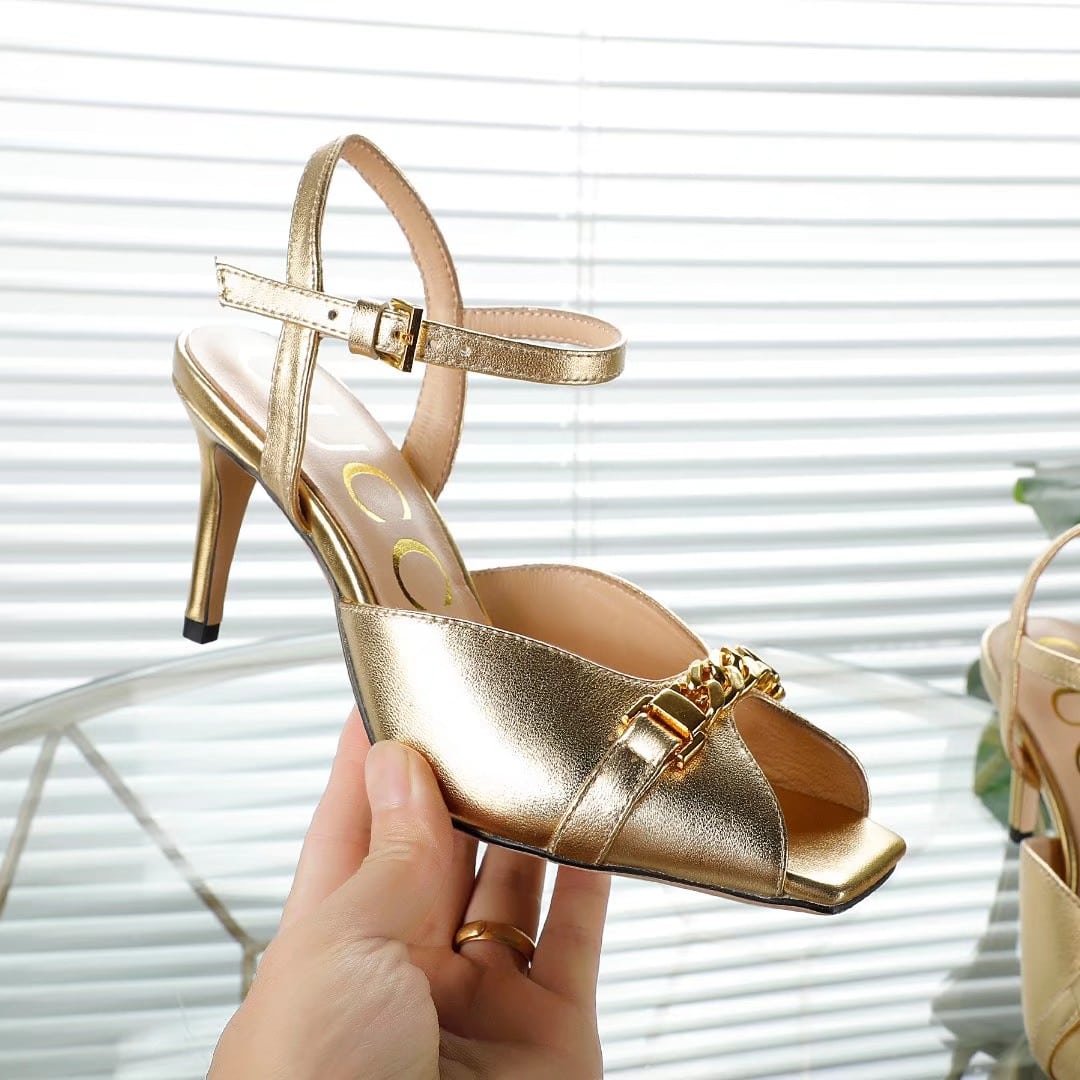 Gvc*1 Metal Chain Stiletto Heels Flip Flop Fish Mouth Sandals Gold