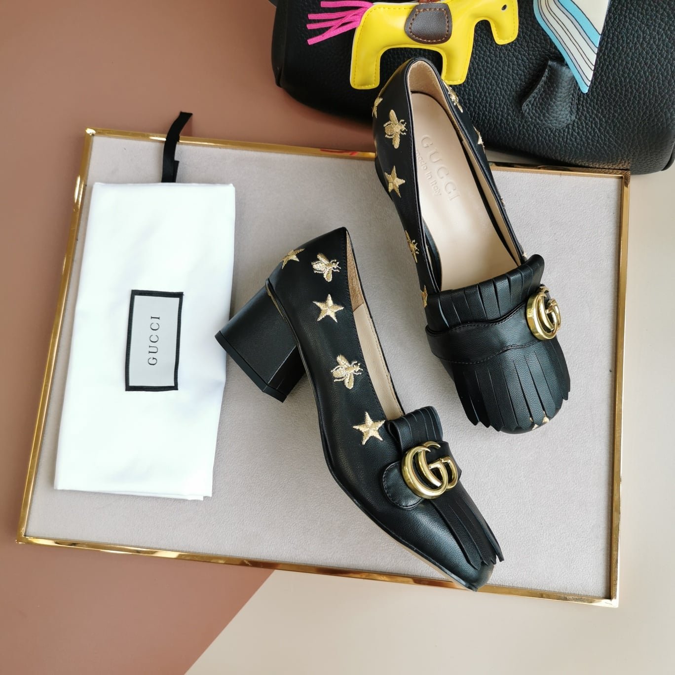 Gvc*1 Embroidered Bee Star Leather Mid-Heel Pump Black