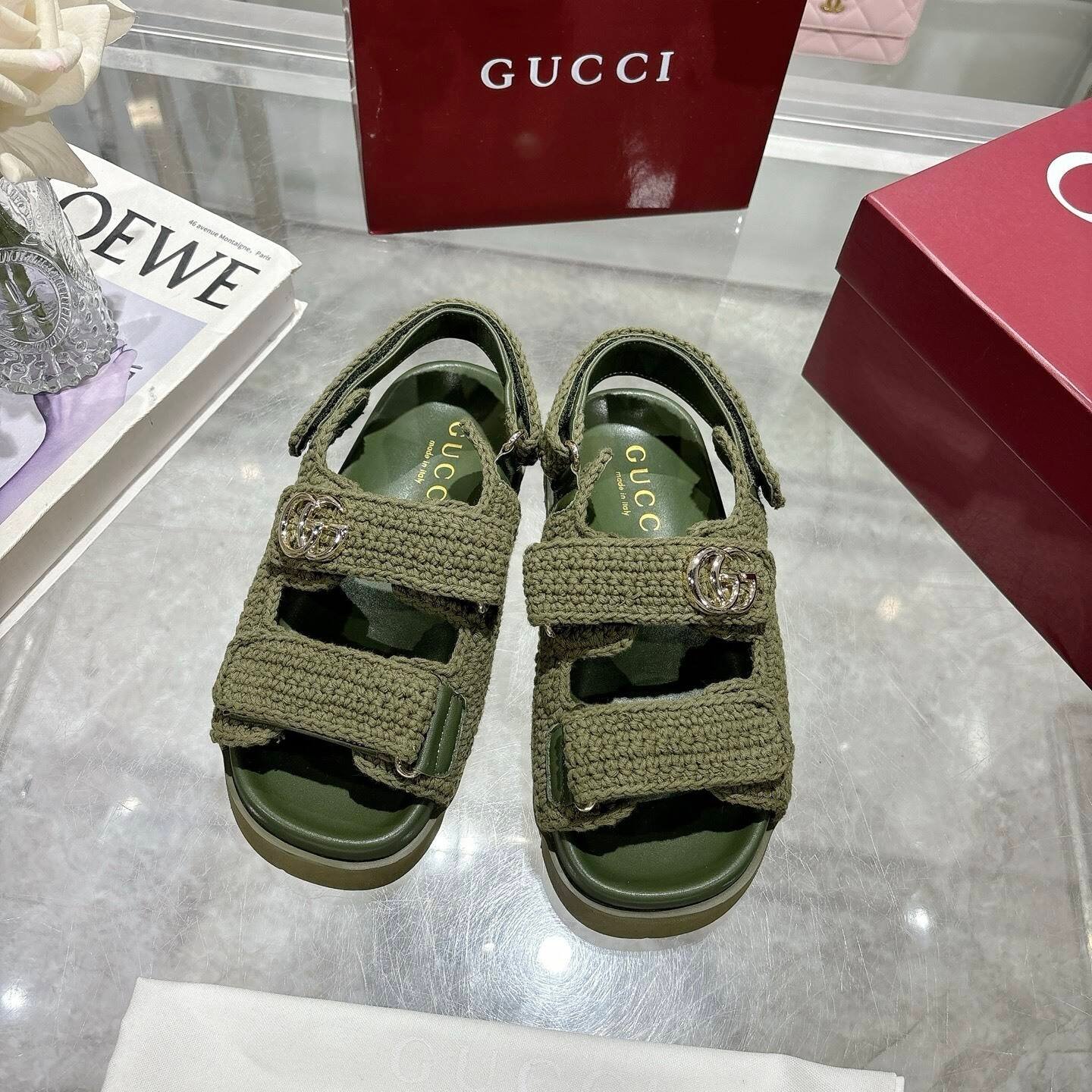 Gvc*1 Women Sandal With Double G Dark Green Crochet 835086 Faeq2 3037