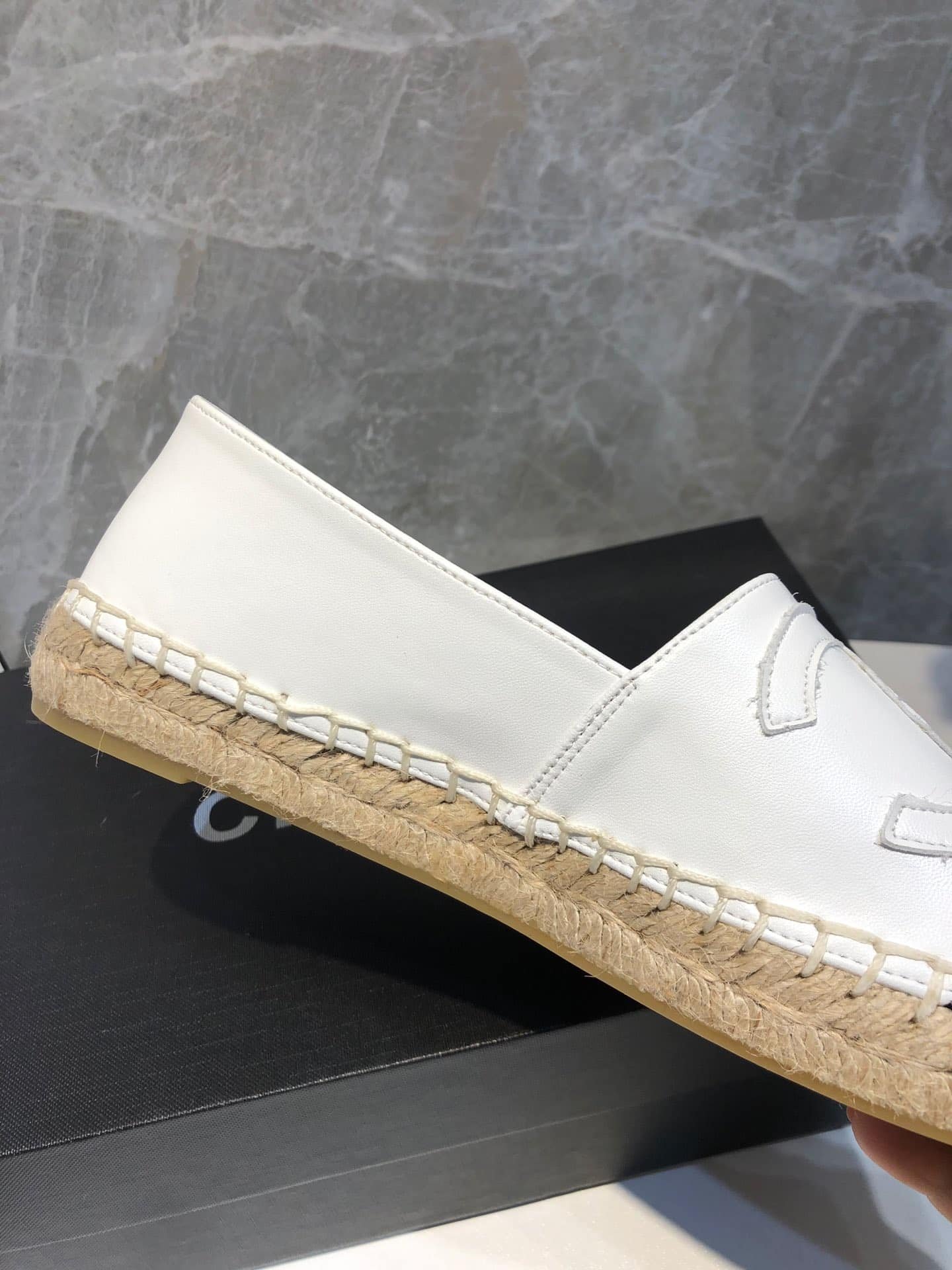 Ch**el Embroidered Espadrille Leather Black Cap Toe Flats White Cc