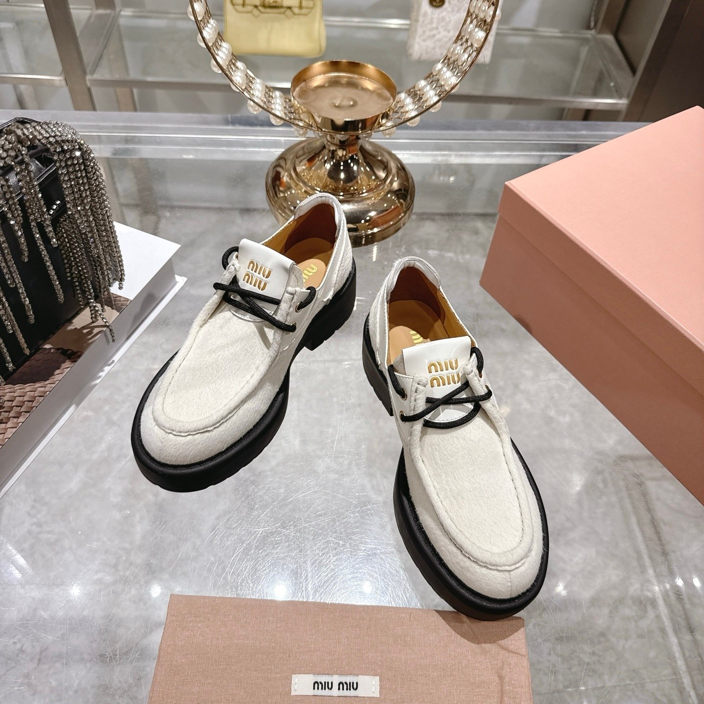M1um1u Leather And Calf Hair Leather Laced Shoes Ivory 5E964D 2Hio F0304 F D055